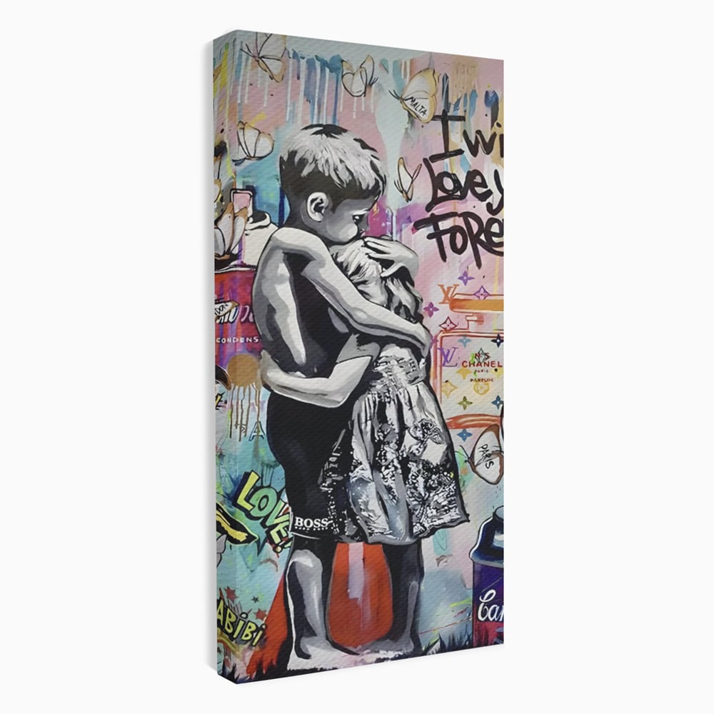 Tablou canvas cu tablou canvas cu doi copii imbratisati, fara rama, pe sasiu de lemn